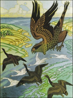 artfromthefuture:  oldchildrensbooks: The Falcon  Illustration for the “Volga”. .1927.  Artist : Ivan Bilibin  Ivan Bilibin is The Bomb, thanks