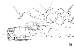 The Mystery Machine and Aquabats Battletram driving out of an explosion. Done by an DrawFriend, Tommy Howard