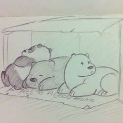 sleepy-doodles:  Brothers always protecting each other.   Panda, Grizz, and Ice bear as cubs sleeping in a box. A quick sketch before bed. 