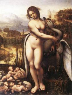 artisticinsight: Leda and the Swan, a copy created by Cesare da Sesto (1477-1523) after a lost original by Leonardo da Vinci (1452-1519). This painting depicts a scene from the mythological narrative Leda and the Swan. In it, Zeus transforms into a swan