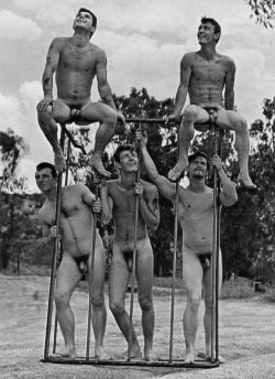 vintagemusclemen:Is the some sort of jungle gym for older boys?  They do seem to like, although one fellow seems to be pretending he’s in jail.  Oh well, we all have our “things.”