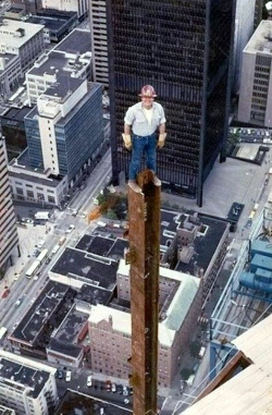 Ironworker during construction of the Columbia Tower, Seattle, 1980.