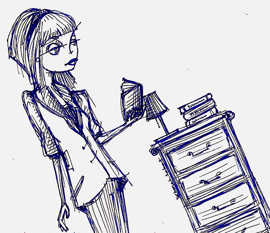 girl and bookcase. -deborah