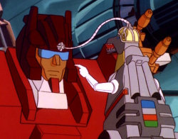 So I couldn’t sleep Sunday and I was coked out of my mind (diet coke!) and at 6am the old Transformers was on so I watched it.  Holy fuck it was weird. Grimlock became smart and all sorts of pipe dream shit happened. And like at the end of the episode