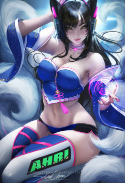 sakimichan: Fun painting of overwatch/ Lol inspired crossover ^o^ Ahri in D.va inspired outfit !nude,PSD+4k HD jpg,steps,vid etc&gt;https://www.patreon.com/posts/11286042  