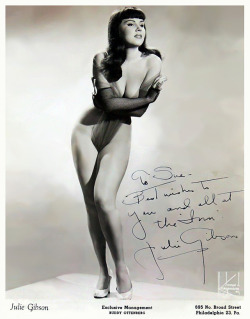    Julie Gibson      aka. “The Bashful Bride”.. Vintage promo photo personalized: “To Sue,  Best wishes to you and all at the &ldquo;Inn&rdquo; — Julie Gibson ”..    