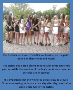 The finalists for Sorority Sub Boi are lined up on the patio, bound on their knees and naked.The Sisters get a little playful teasing with some authentic grab ass while the reaction of the boy’s penis’s are recorded on video and measured.It is important