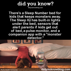 did-you-kno:  There’s a Sleep Number bed for kids that keeps monsters away. The Sleep IQ has built-in lights under the bed, sensors that alert parents if kids get out of bed, pulse monitor, and a companion app with a “monster detector.” Source