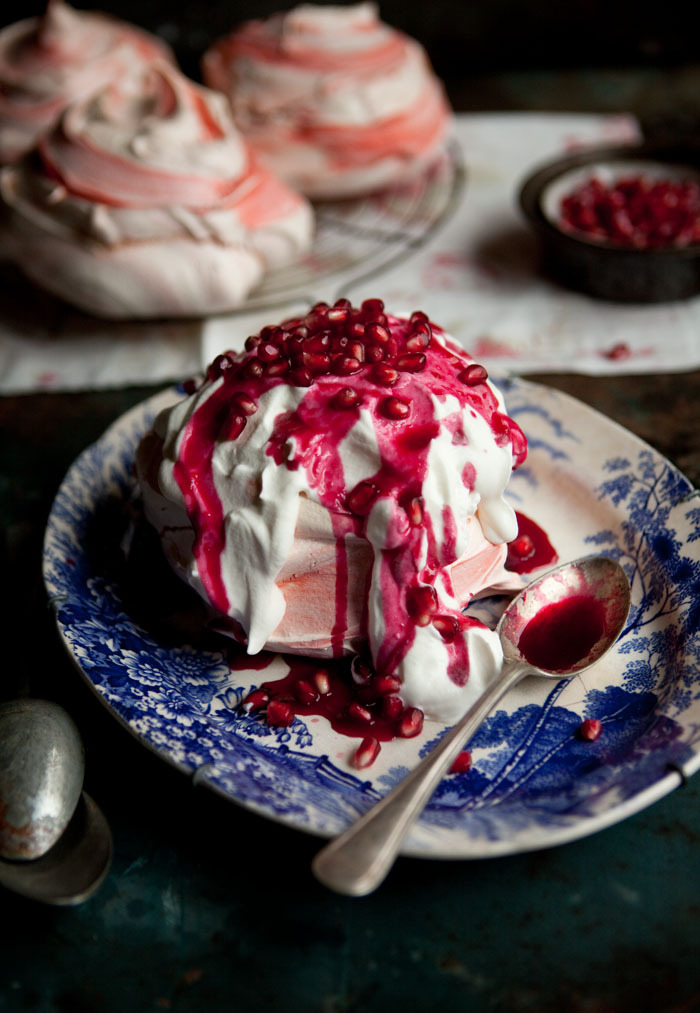 pink swirl meringues with pomegranate syrup