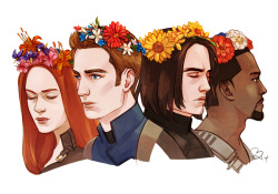 buckybuns:   CATWS Floral Crowns [Society6]  Cleaned up the Steve and Bucky piece to be consistent with Nat and Sam. Meaning behind the flowers are in the links in their respective posts as linked. Thank you for all your support, these are now available