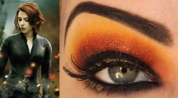 marcib0eze:Fab Superhero Makeup# 7 Black Widow EyesThick black eyeliner along with a sunburst of yellow, red and gold eyeshadow pay perfect homage to this leather-clad Avenger.READMORE?