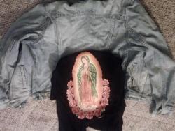 You guyz I’m gonna use this Virgen de Guadalupe for a back patch. Should I dye the vest turquoise, yellow, pink or red?