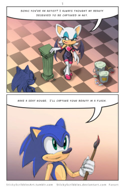   Sonic Rouge Comic1    Rouge befriends Sonic as a ploy to steal his gems and golden rings. Sonic discovers her plan and feels stiffed in the relationship. Sonic finds a way to prank her.Like what you see? Support us for more on going content here:https:/