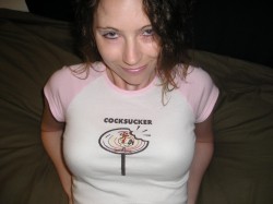hotwifefantasies:  peepys-roadrunner:  She’s a COCKSUCKER!  Yes, she is!  I love the cum on her shirt, would LOVE to see my wife wear this shirt in public with cum on it!  Damn that’s hot. My kinda wife.
