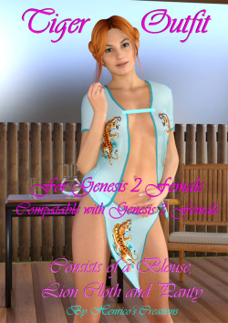 The  Tiger Outfit is designed to bring out the Tiger in your Genesis 2  Female characters. It consists of a shirt, a skirt and a panty. The  outfit comes with four material presets and several adjustment morphs.  The shirt can also be opened using the