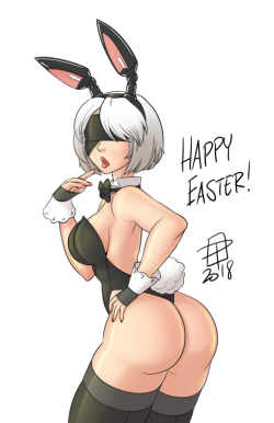 callmepo: Quick image before the holiday weekend takes over.  Nothing planned or fancy - just a quick Yorha 2Bunny.  HAPPY EASTER! KO-FI / TWITTER  &lt; |D’‘‘‘