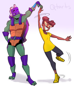 qtarts:  DANCE! If it wasn’t clear, Raph and April are doing the dirty dancing lift (one handed to show off) but the most important thing is that everyone is as in love with April as I am. 
