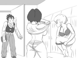   Anonymous asked funsexydragonball:  Could do do a picture with Gohan walking in on Videl and Erasa changing?  I have a feeling this happens a lot to someone like Gohan.  