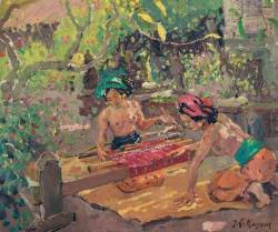 Two Balinese Women at a Loom, by Adrian-Jean le Mayeur de Merprés. Via Christie’s.