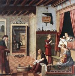 artmastered: Vittore Carpaccio, The Birth of the Virgin, 1504-08, tempera on canvas, 126 x 128 cm, Accademia Carrara, Bergamo. Source I studied this painting in second year, in the context of Renaissance interiors. Carpaccio is a good artist to look