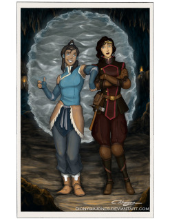 dionysiajones:  Been a while since I posted any Korra art, so here’s another picture commissioned by Ben “Gryphon” Hutchins for his LOK fanfic, “Legacy of Korra”. (Thanks, Gryphon!!)  The thing behind Korra and Asami is basically supposed