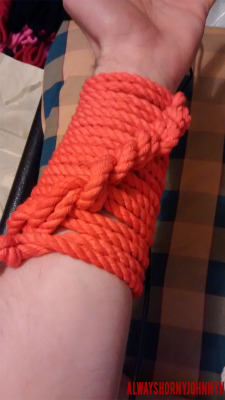 alwayshornyjohnnyh:  29th April 2016. I love the style of the riggers gauntlet so much that I keep redoing it with different colours! Using my bdsmgeek orange rope I made a slightly shorter and chunkier riggers gauntlet that I like a lot! 
