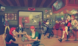 thecadaver:  techartgeek:  Hell. Fucking. YES. Hipster, by Phillip Sevy.  Is that oracle and batwoman!?! Also Harley and Ivyyyyy 