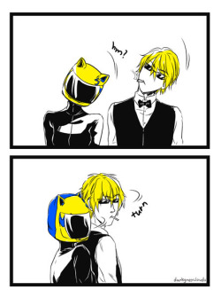 darkgreyclouds:  You know how Celty and Shizuo always react in sync? This makes them a great pair to do some kind of synchronized dance in a talent show or something…