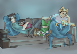corrosive-serenity:  Cat Dads and a movie night… in which none of the kittens make it to the end.Commission for @monidonClose ups since I know tumblr is going to kill the quality of the big image. 