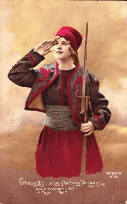 wahnwitzig:  WWI patriotic postcard of a French Zouave girl with bayonet 