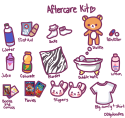 ddlgdoodles:  Aftercare is extremely important after intense scenes, whether it be impact play, really rough sex, and so on. These are just a few items that can be included in an aftercare kit. Remember that different scenes require different types of