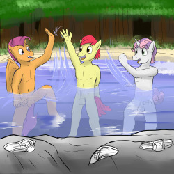 After a day of unsuccessful cutie mark schemes, the CMC colts like to go skinny dipping out in a secluded stream in the white tail woods.