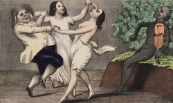 jealousoftheirjudgment:  magictransistor:  McGee Van Dusen. A Mormon and his Wives Dance to the Devil’s Tune. 1850.  Increase McGee van Dusen was baptized into the Mormon faith along with his wife Maria in the early 1840s, but split from the church