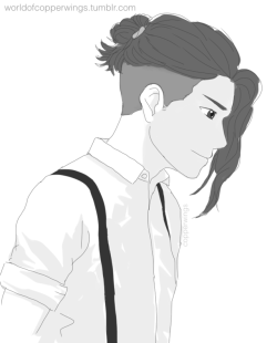 worldofcopperwings:Concept: Otabek Altin with longer undercut hair in a bun, wearing a dress shirt and suspenders.