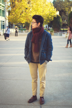 melles:  WDYWT - 11/21/13 White Button Up (Levis) Olive Sweater (Thrifted) Maroon Scarf (H&amp;M) BDG Jacket (UO) Khaki Chinos ( Uniqlo) Maroon Speckled Socks Loafers (Allen Edmonds) Supreme x Northface Backpack