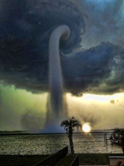 setbabiesonfire:  everestless:  Waterspout in Tampa, Fl, USA  Imagine seeing this or a fire-nado before we had widespread knowledge about weather systems and how they work. You’d swear it was the apocalypse or Heaven and Hell battling it out or something.
