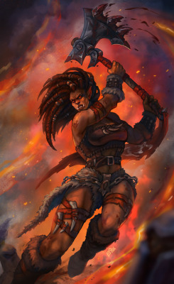 eepoxdraws:Red fury, unrelenting and bold.These are the words of an orc that are told.With axe in hand, she tore asunder.Enemies and even clouds of thunder.Heart of steel, wearing fur and leather.completing her, all together.Many thanks to Coddler who