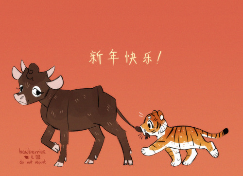 hawberries:happy lunar new year! tomorrow is 元旦! please lead us gently into the year of the tiger 🐮🐯[image is a cartoon drawing of a smiling ox leading a tiger cub, who is holding the ox’s tail in its mouth. 新年快乐！ is written above