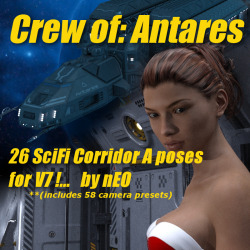 26  Poses for V7, and including 58 Camera Presets, for the crew of Antares  &lsquo;Sci-Fi Corridor A&rsquo; by petipet, a DAZ studio Original. A new set for the  additional model Sci-Fi Corridor A. Ready for Daz Studio 4.8 and up! Get posing today! Crew