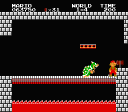 suppermariobroth:  &ldquo;Small Fire Mario&rdquo; glitch from Super Mario Bros. If you hit Bowser as Super Mario while touching the axe at the same time, Mario will be Small Mario with Super Mario’s sprite. If you then pick up a Super Mushroom, Mario