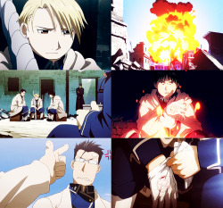 rustcohless:  FMA week | day five -&gt; past/future or typography  Roy Mustang, Riza Hawkeye, &amp; Maes Hughes in the Ishvalan War of Extermination  