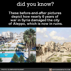 did-you-kno:  These before-and-after pictures  depict how nearly 6 years of  war in Syria damaged the city  of Aleppo, which is now in ruins.  Source
