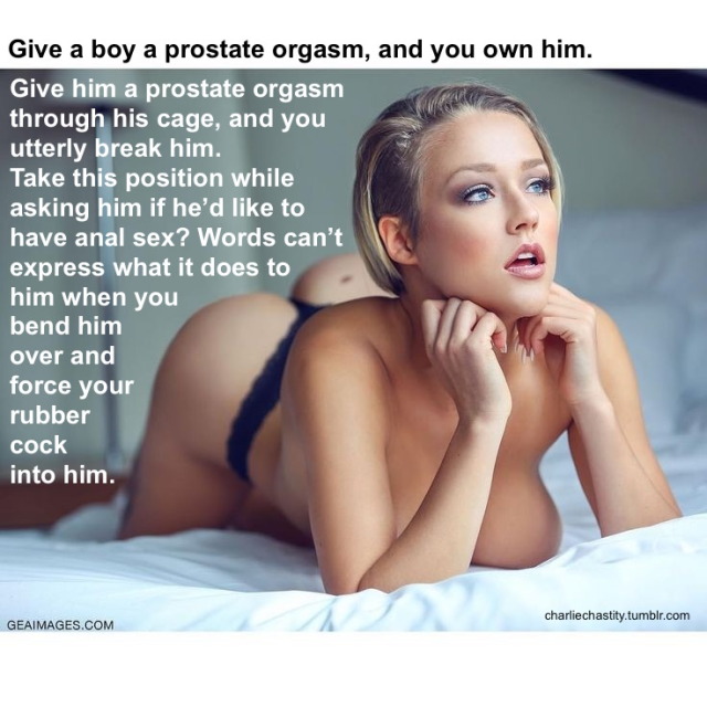 Give a boy a prostate orgasm, and you own him.Give him a prostate orgasm through his cage, and you utterly break him.Take this position while asking him if he&rsquo;d like to have anal sex? Words can&rsquo;t express what it does to him when you bend him