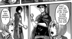 fuku-shuu:   Mikasa &amp; her 3DMG at the end of Ch. 57  Kind of a follow up to my Ch. 58 prediction post, in addition to posts like this one. Isayama putting special panel focus on how Mikasa is already strapped and prepared definitely lends fuel to