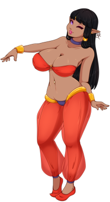 Long overdue YCH commission for Cythis of their beautiful babe, Sahhara, cosplaying as everyone’s favorite half-genie hero Shantae!Default outfit and of course the dancer outfit