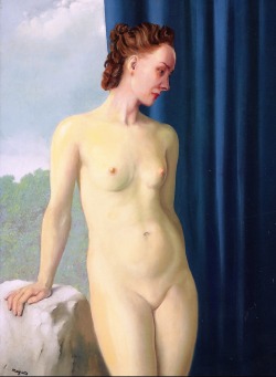 dappledwithshadow:  Nu debout(also known as La séduction inattendue)René Magritte circa 1942 Private collection	Painting - oil on canvas Height: 73.5 cm (28.94 in.), Width: 54.3 cm (21.38 in.) 