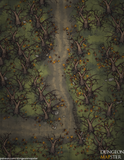 dungeonmapster:  Downloads here!  I put together a Halloween-themed session for my players a couple weeks ago, and found myself needing an old spooky forest road on which to meet the headless horseman, so I put this together. I hope it makes for a map