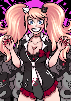 ktullanyx:  Junko Enoshima, the Ultimate Despair! Accompanied by her despair-filled army of Monokuma! You can buy the print here 