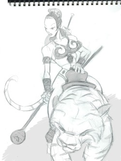 dinosaursrobotscheerleaders:  And now Teela and Battle Cat prowling my sketchbook. These Masters of the Universe characters were pretty cool, weren’t they? 