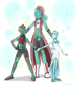  Commissioned group shot of  @atiller-1′s gemsonas, Aquamarine &amp; Bloodstone, and their fusion, Chrysocolla. Thanks for the commission!Commission info here